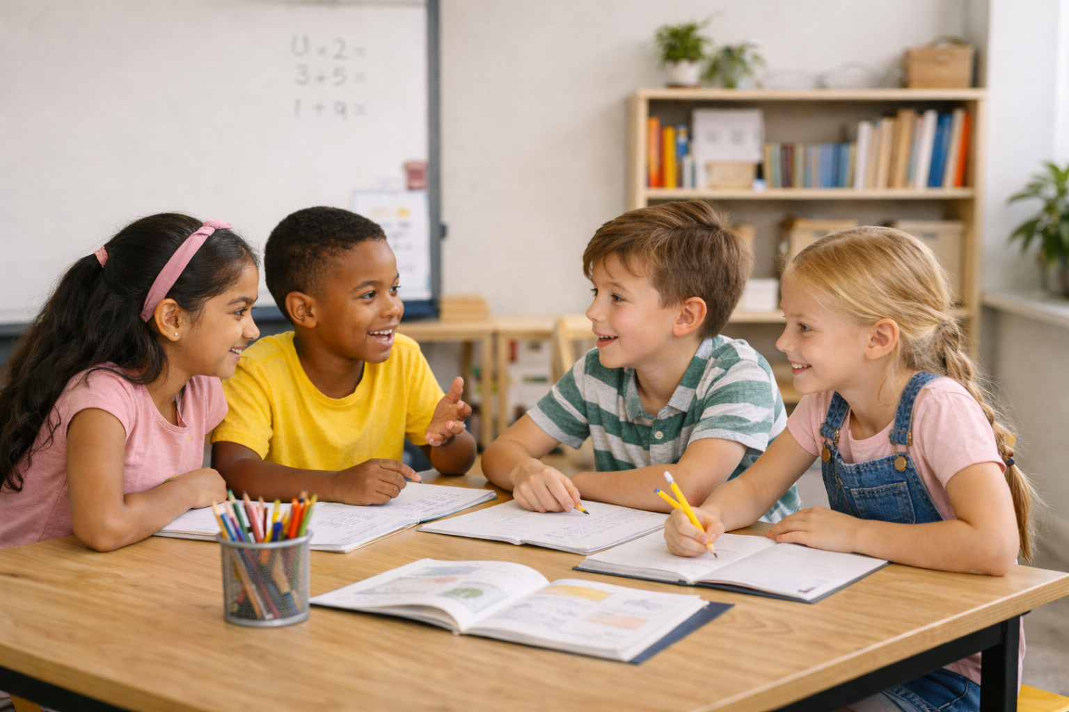 Four children discussing work together at a table